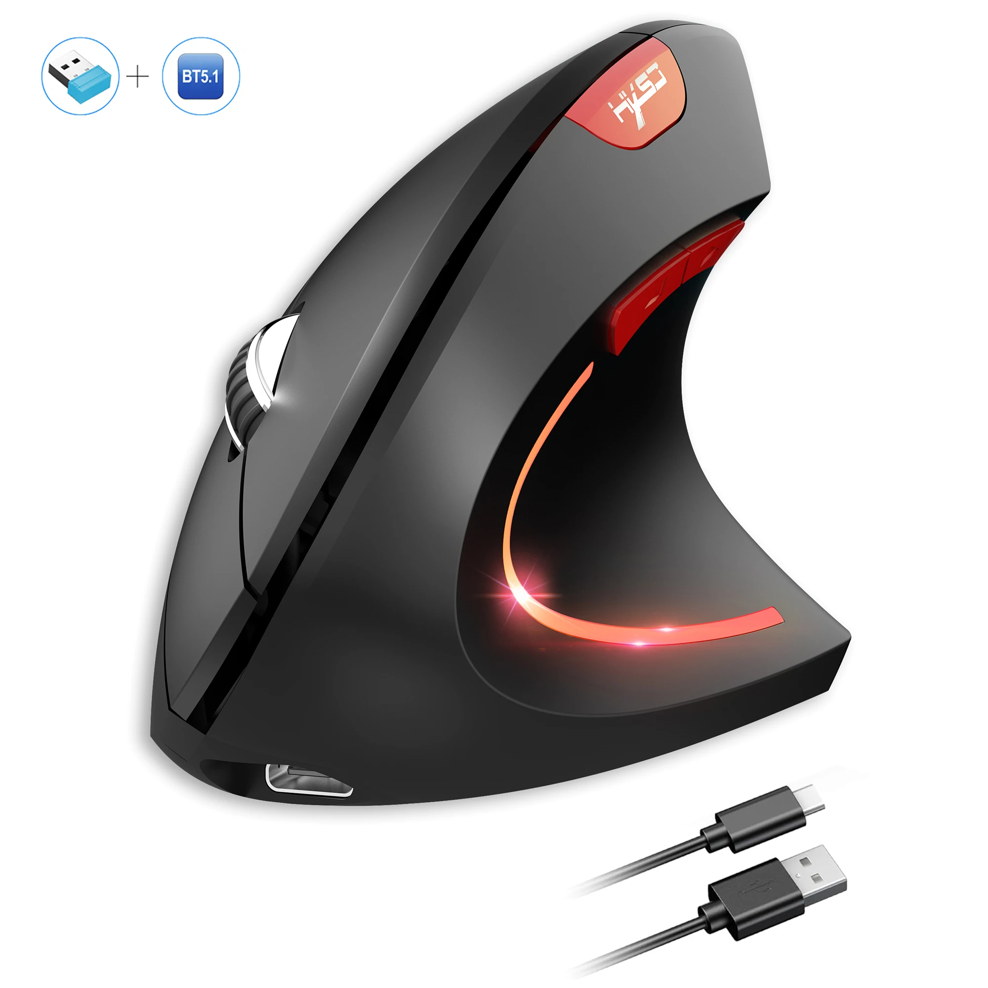 Dual Mode Ergonomic Rechargeable Vertical Mouse - Wireless with Type-C Interface