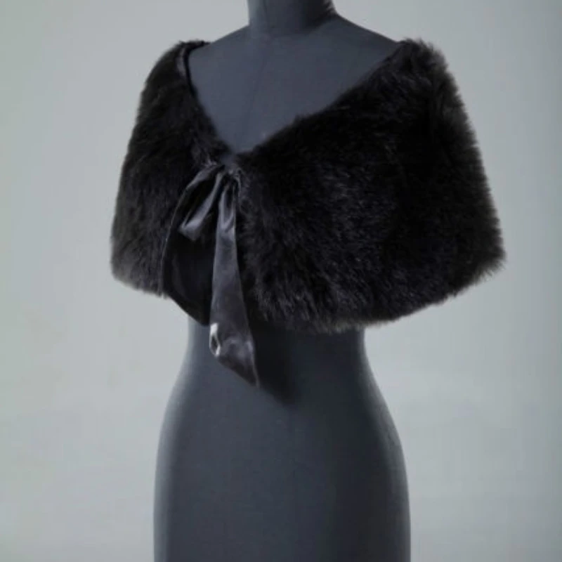 Black Faux Fur Bridal shrug Wedding Cape Coat Shawl Party Ribbon Bow Wrap Stloe Bolero wedding shawl lace bolero jacket