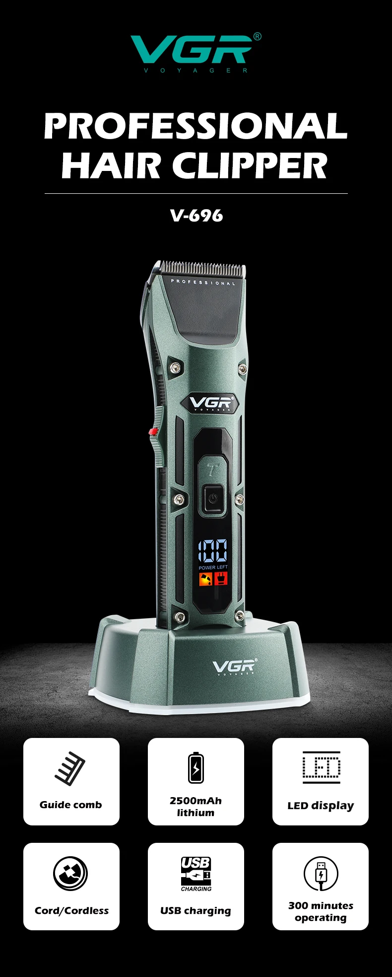 VGR Trimmer Cordless Cutting hine Professional Hair Electric Barber Digital Display Clipper for Men V-696_voghion.com
