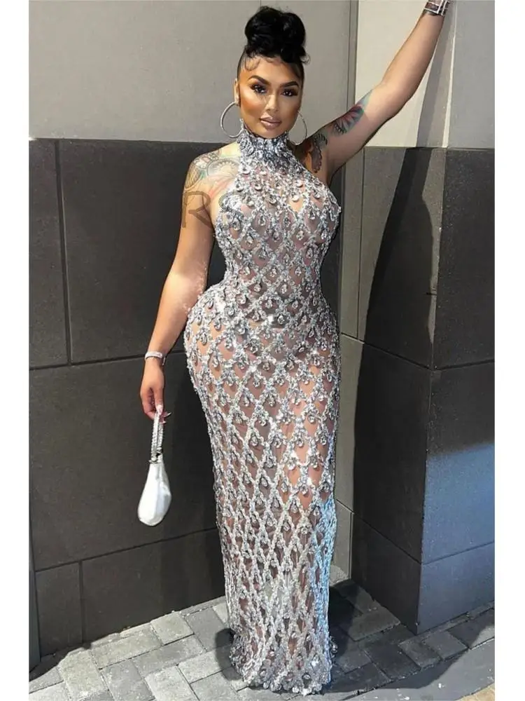 

Sparkly Silver Sequins Sleeveless Birthday Shiny Evening Outfit Stretch Mesh Transparent Dress