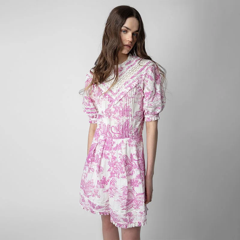 

Zadig Women Sundress Summer Elegant Pink Dresses Girl Casual Short Sleeve Button Dress Female Chic Cotton Linen Lace Hollow Robe
