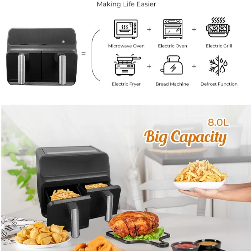 OEM High Quality kitchen Electric Hot Air fryer Oven Oiless Cooker Machine double air fryer with dual basket 2
