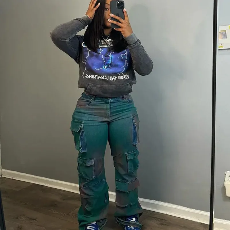 Tie Dyed Straight Leg Cargo Pants Women Streetwear 2023 Winter Fashion Multi 3D Pocket High Waist Jeans Casual Trouser