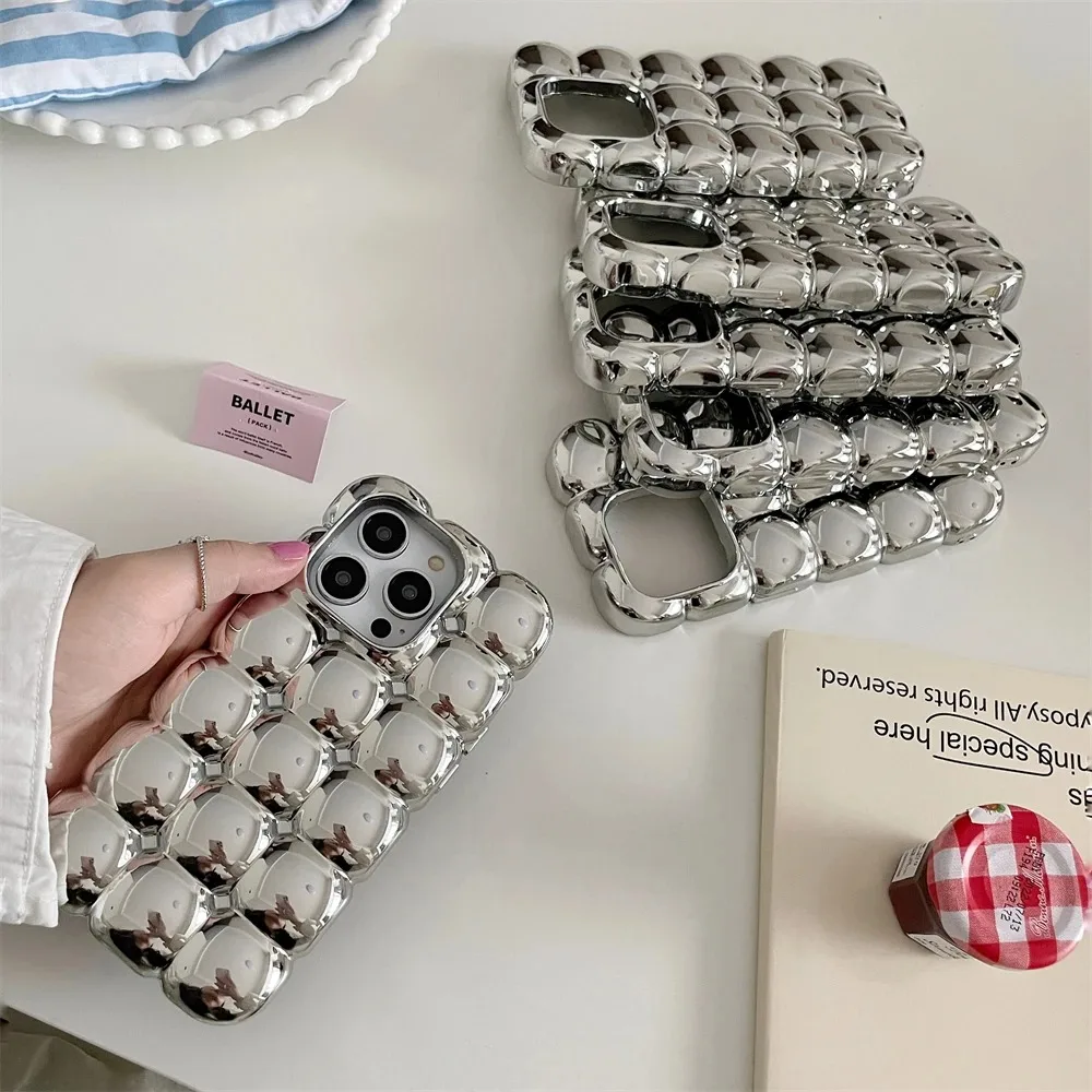 Luxury Stylish 3D Grid Plating Silver Case - Creative Cartoon Shockproof Matte Cover