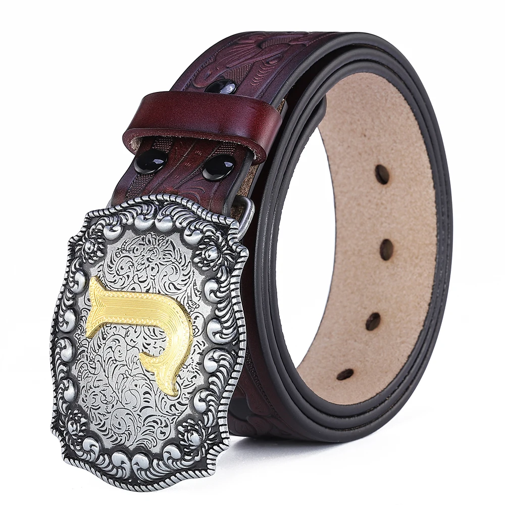 Western Belt Men Genuine Leather Belts for Men Women Cowboy Cowgirl Big Letters Buckle Gold Male Belts Long Black Brown Quality