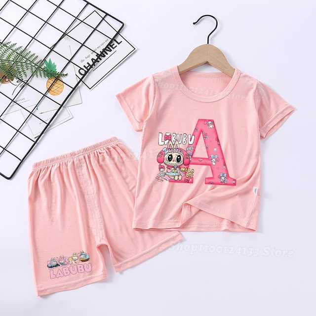 Labubu Melody Baby Pink Pajama Set – Cute Anime A-Z Print Sleepwear for Girls, Lightweight Short Sleeve & Kawaii Shorts 1