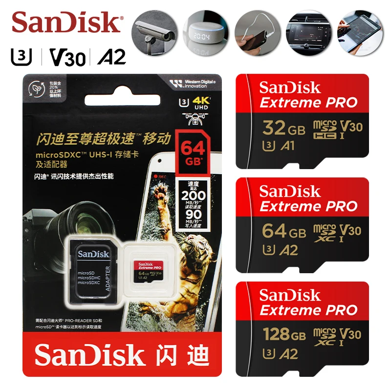 샌디스크 익스트림 프로 microSD 카드 UHS-I A2 U3 V30 200MB/s 32GB 64GB 128GB 256GB 512GB 1TB 4K UHD TF 메모리 카드 (카메라, 드론용)