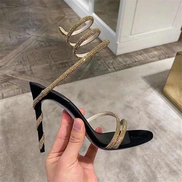 Strappy Black And Gold Peep Toe High Heels Shoes | Womens shoes high heels,  Fashion high heels, Heels