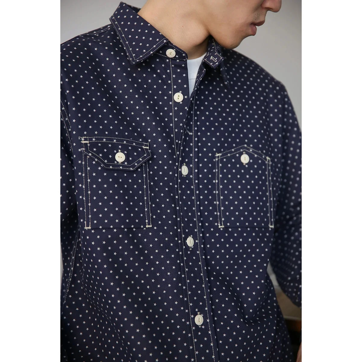 

BOB DONG Wabash Star Print Work Shirt Indigo Vintage Inspired Long Sleeve