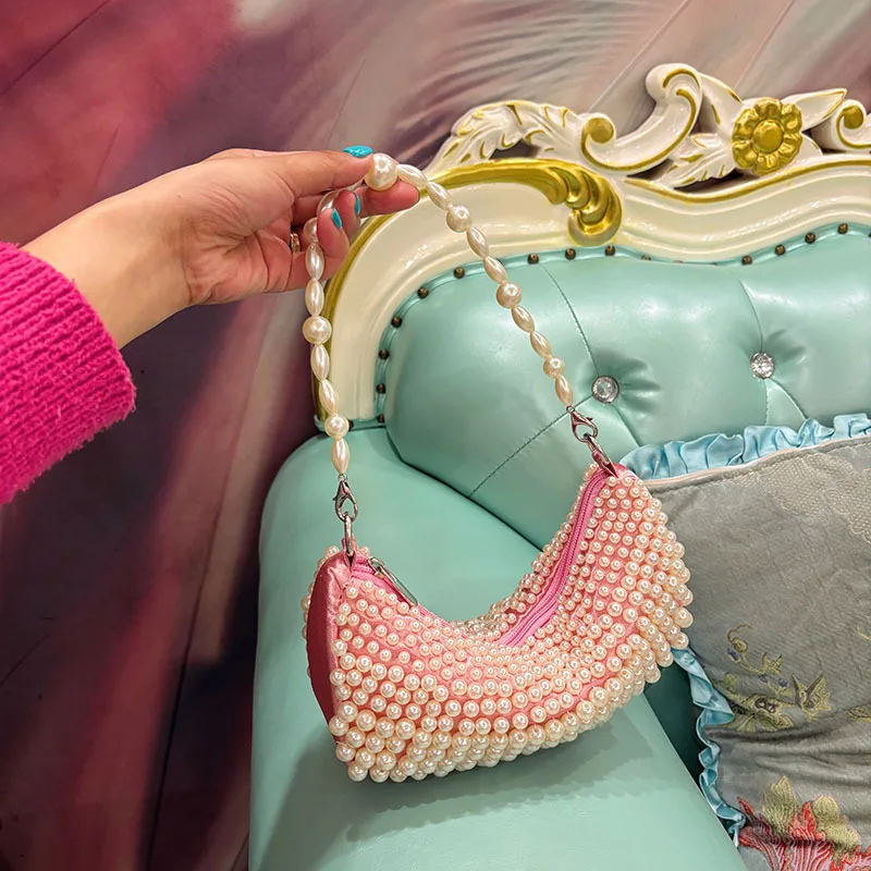 2025 Trend New Simple Women's Pearl Water Diamond High Quality Texture Handmade Bead Weaving Portable Commuter Underarm Bag