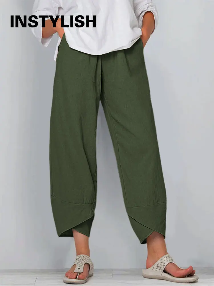 Pantaloni in lino da donna a gamba larga, a palazzo, da lavoro, da passeggio, vestibilità ampia, con elastico in vita, con coulisse, pantaloni della tuta estivi per vacanze estive, casual, spiaggia