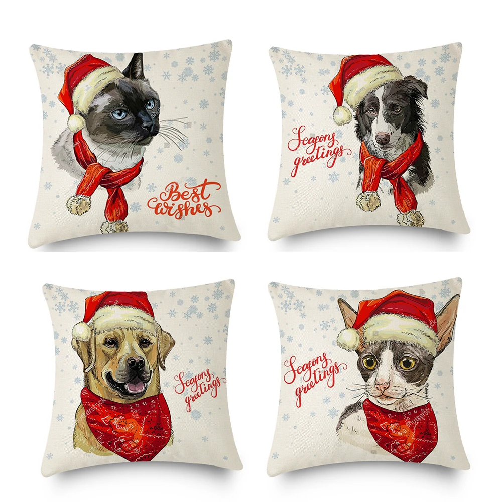 

2023 Christmas Decoration Cute Dog Cat Cuchion Cover Kawaii Pet Pillowcase Happy New Year Holiday Home Sofa Car Decor 45x45cm