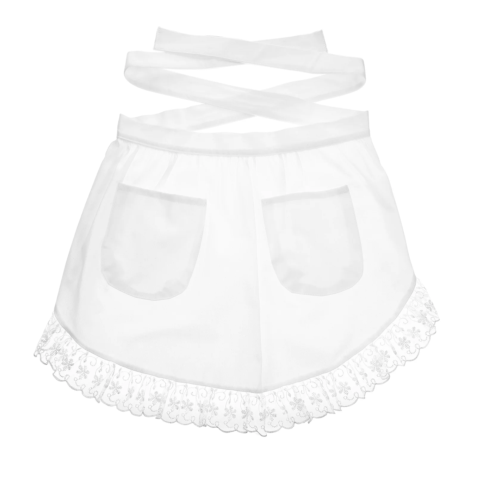 

Pocket Cropped Lace Skirt Cotton Waist Apron Lace Short Women Apron Pockets Half-length Chef Apron for Maid Waitress Servant