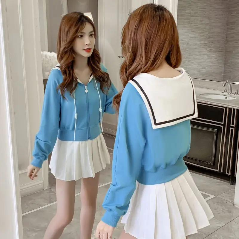 

Autumn New Womens Academy Style Navy Neck Short Contrast Long Sleeve Sweater Coat Design Feel Loose Top Female Coats Women