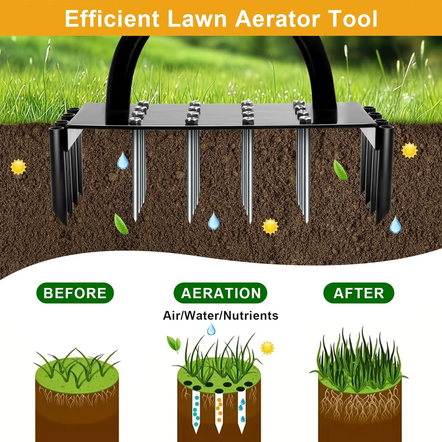 2-in-1 Manual Lawn Aerator Tool 16 Metal Spikes 8 Corer Plugs