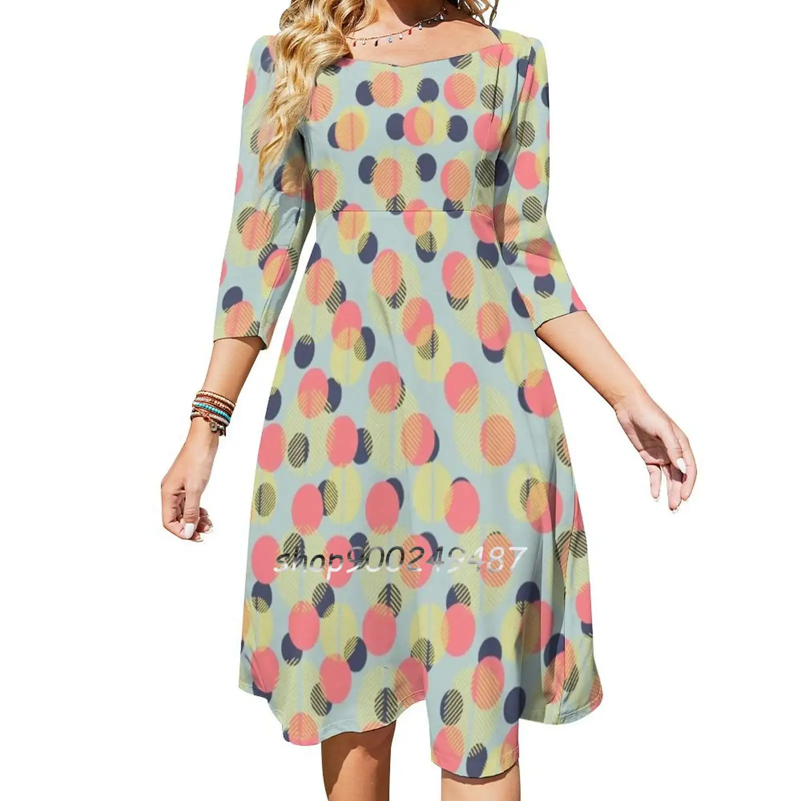 

Carnival Confetti Flare Dress Square Neck Dress Elegant Female Fashion Printed Dress Carnival Confetti Polka Dots Geometry