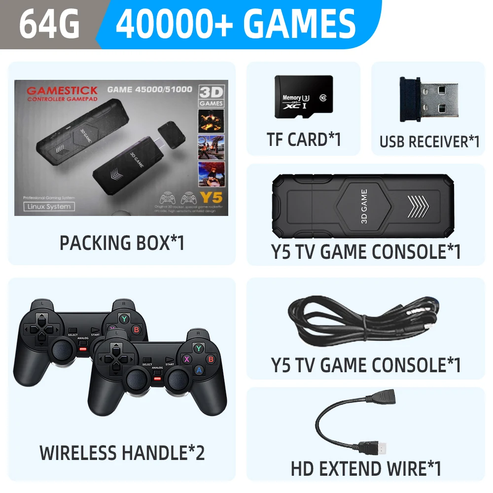Y5 Retro Tv Game Stick 2.4G Wireless Controller 4K HD Video Game Console Support Multiplayer PS1 Family Portable