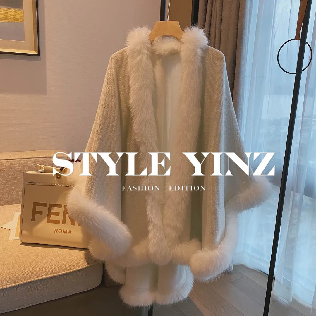 

Женское шерстяное вязаное пальто, элегантная накидка-пончо из блестящего шелка с золотой лисой, в стиле социалит, большие размеры, на осень