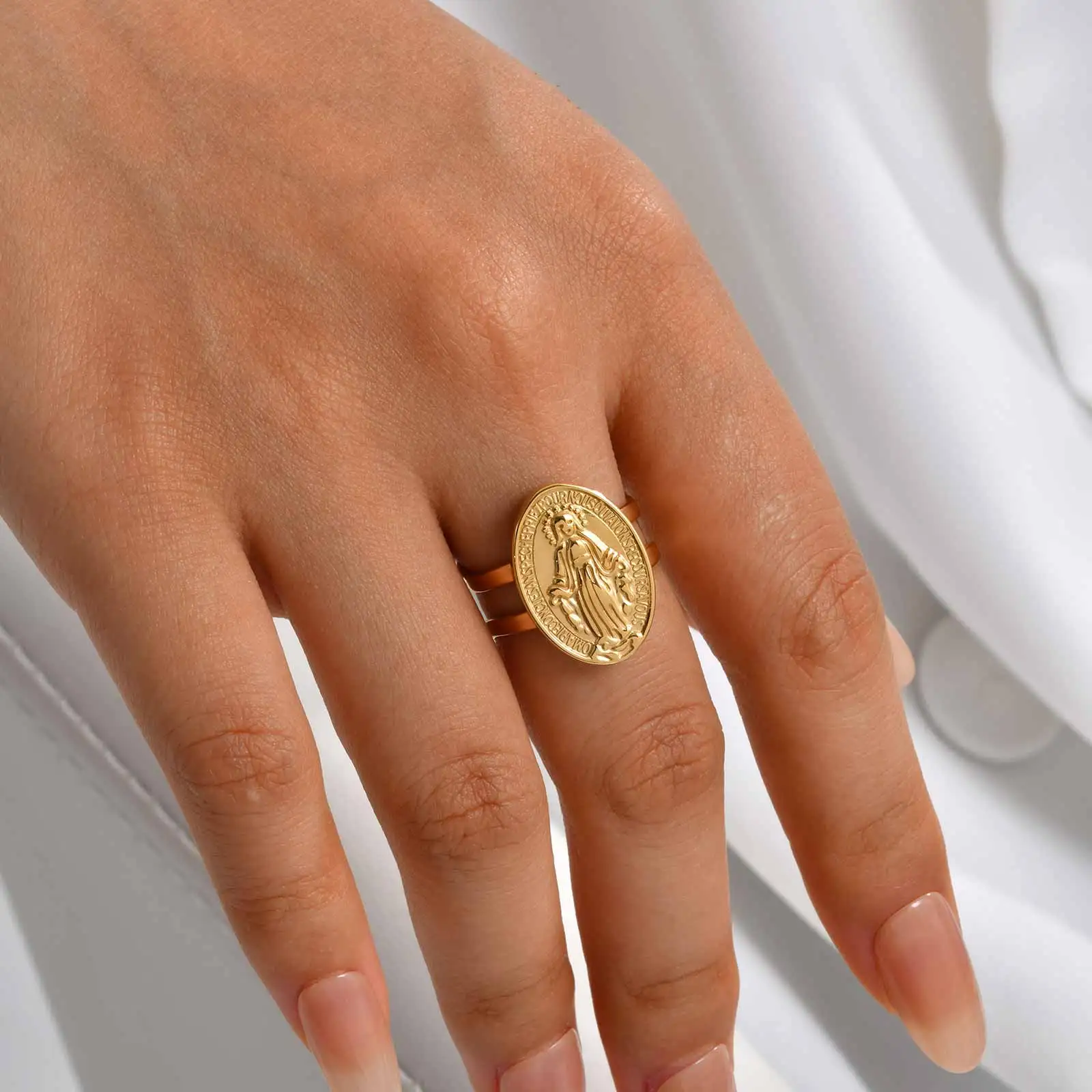 Vintage Jungfrau Maria Edelstahl vergoldet weit offene Ringe für Frauen Luxus Persönlichkeit Fingerring Metallschmuck – Detail 4