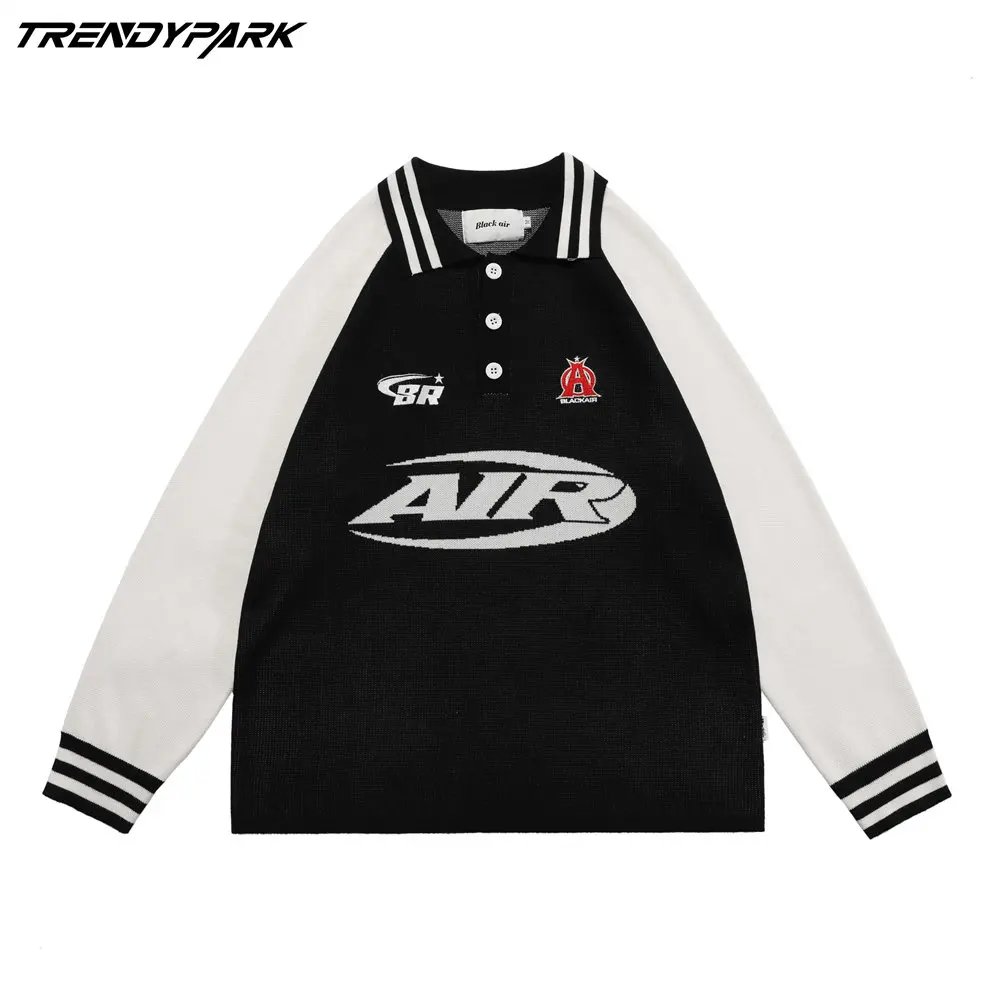 Knitted Shirts for Men Patchwork Soft Fabric Back Number Print 2022 Long Sleeve Polo Streetwear Casual Oversized T-shirt |