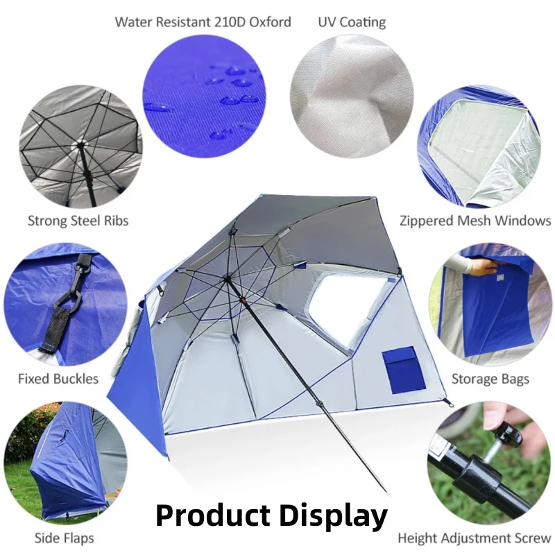Portable Beach Umbrella Tent Folding Sun And Rain Canopy Umbrella For Fishing Camping Park Beach Sports 2.4M Large