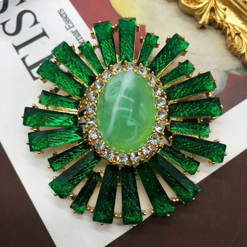 French vintage luxurious green striped sunflower brooch and cloud patterned earrings