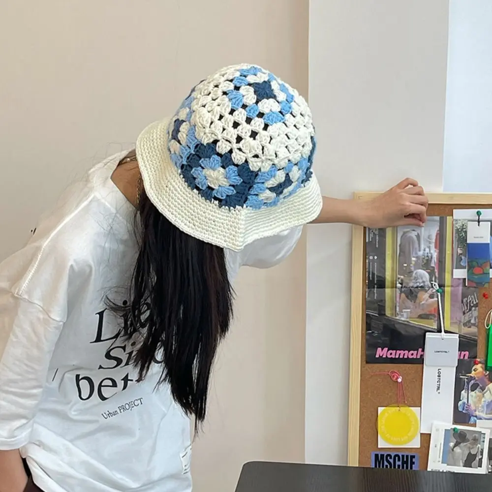 

Breathable Hollow Flower Summer Knit Beanies Bucket Hat Handmade Spring