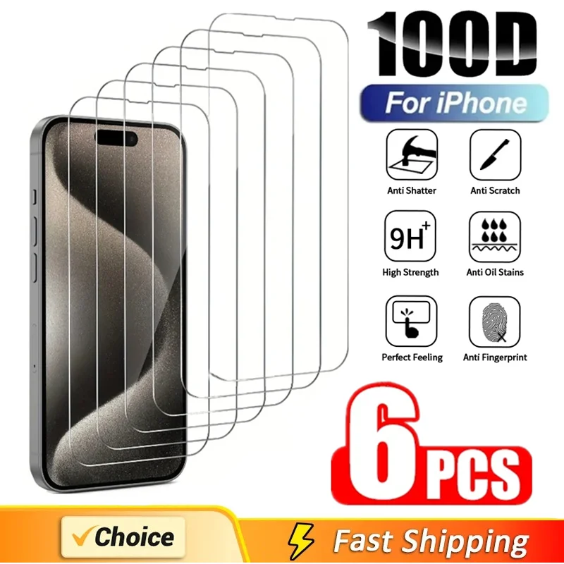 

6Pcs 9H Tempered Glass For iPhone 14 15 Pro Max 7 8 Plus Screen Protectors For iPhone 11 12 13 PRO X XR XS MAX Protective Glass