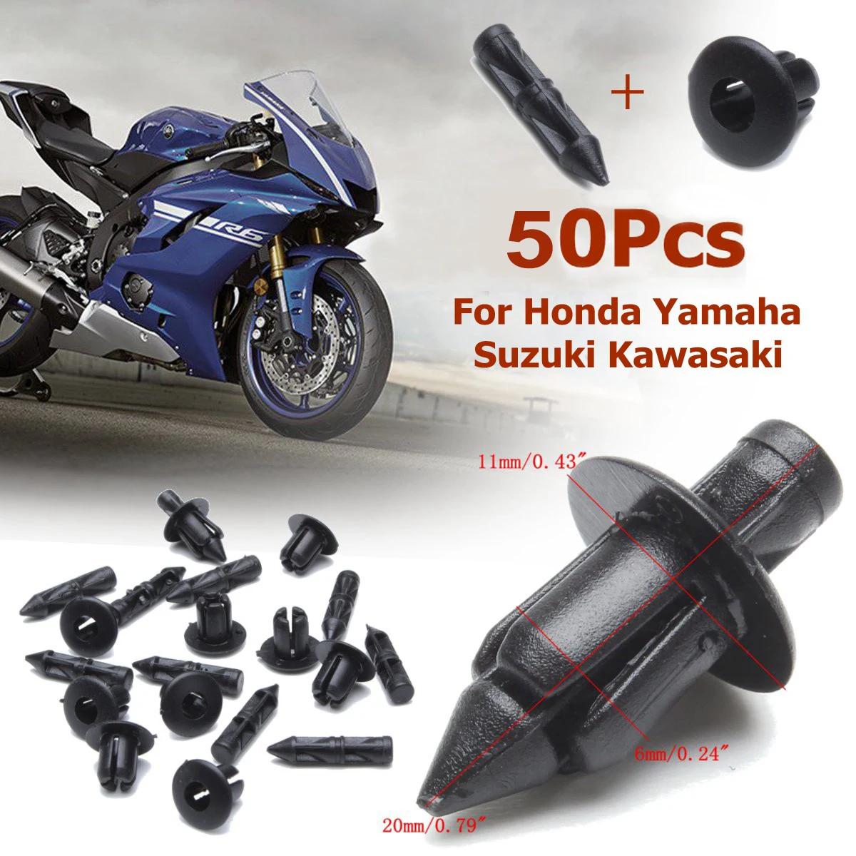 

50pcs 6mm Black Plastic Car Rivet Bike Fairing Trim Panel Fastener Clips For Honda Yamaha Suzuki Kawasaki Universal