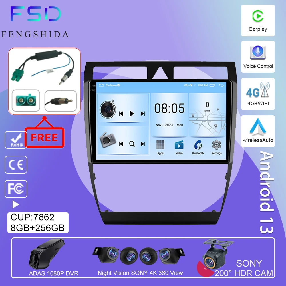 

Android Radio For Audi A6 C5 1997 - 2004 S6 2 1999 - 2004 RS6 1 2002 - 2006 GPS Navigation Car Multimedia Player 4G WIFI No 2din