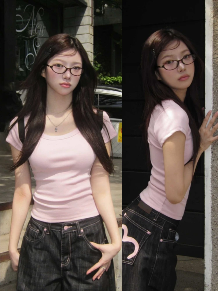 Slim Fit Color Basic ort Sve T-irt Women's Summer Top Unique SEI Korean Sle Commute Wind Straight Tube pe 1