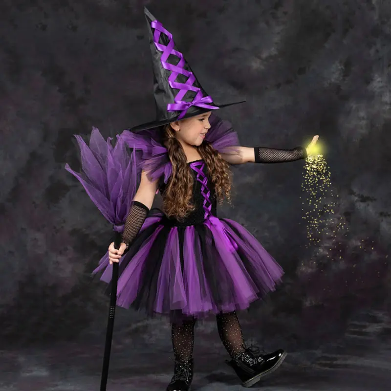 

Hocus Pocus Costume For Baby Girl Cosplay Dress Halloween Children Hat+Up Lace Party Tunic Outfit Kid Frock