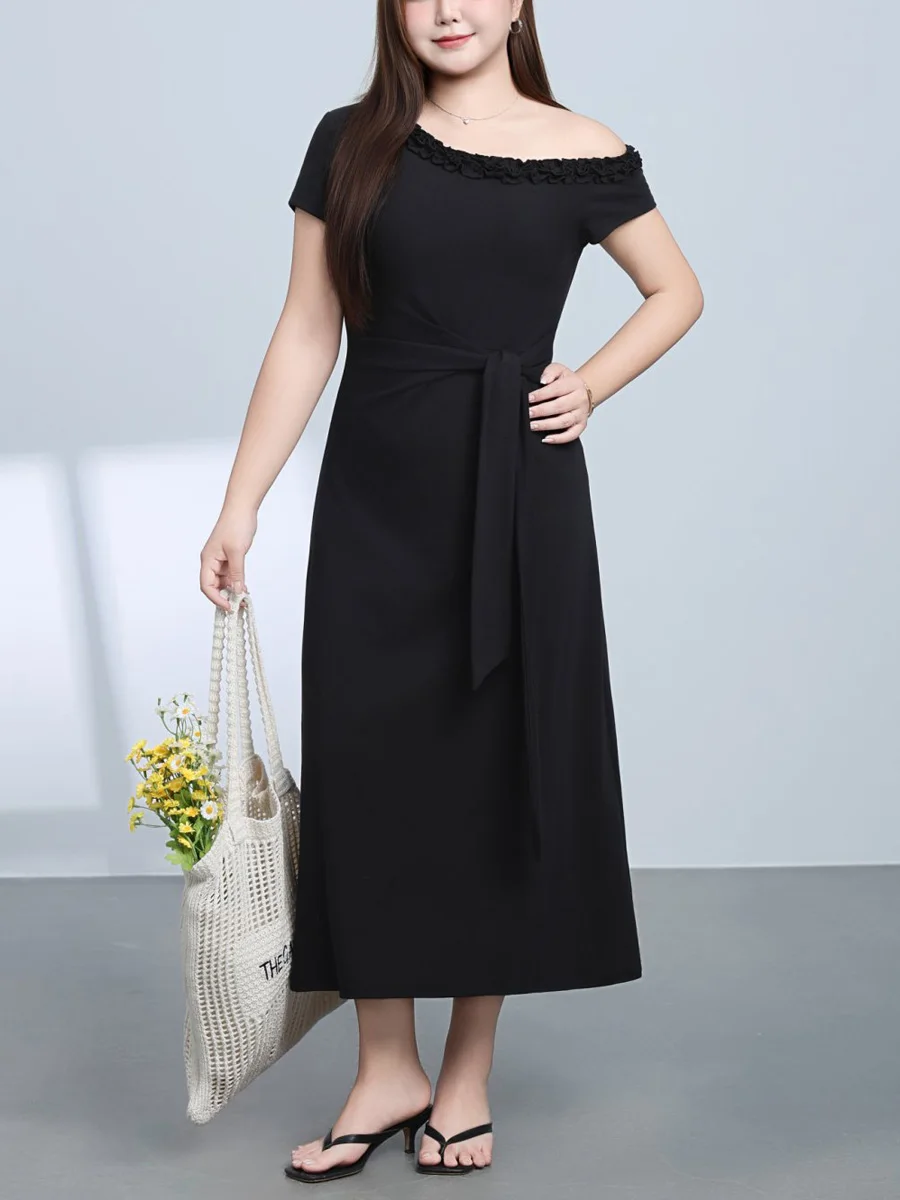 Plus Size Women Casual Slim Off-the-shoulder Dress Premium Bandage Black Ruffled Oblique Shoulder Design Summer