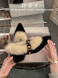 Casual Woman Shoe Autumn Pointed Toe Loafers Fur Shallow Mouth New Fall On Heels Winter Moccasin Plush High Basic Flock Rubber S