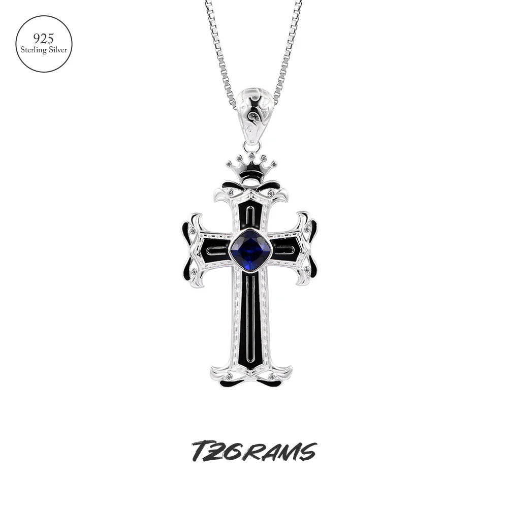 

TZgrams 925 Sterling Silver Gothic Black Large Cross Pendant for Men and Women Blue Zircon Hiphop Punk Necklace Fine Jewelry