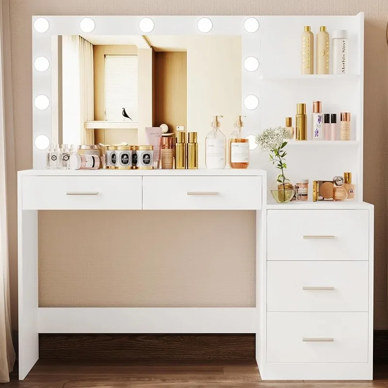 

6.7" Makeup Vanity Table with Lighted Mirror, Large Vanity Desk with Storage Shelf & 5 Drawers, Bedroom Dressing Table