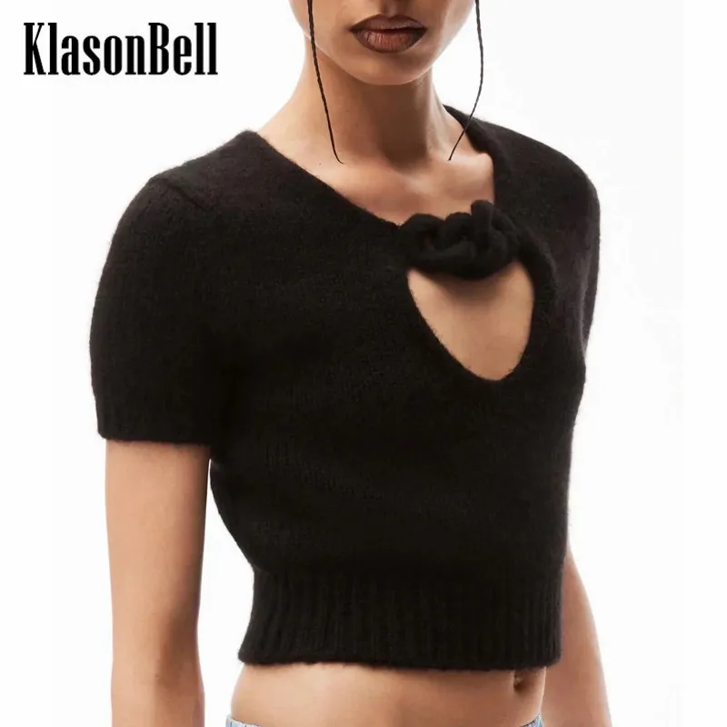

10.13 KlasonBell Fashion Chain Decoration V-Neck Short Sleeve Sexy Crop Knitwear Alpaca Sweater Women