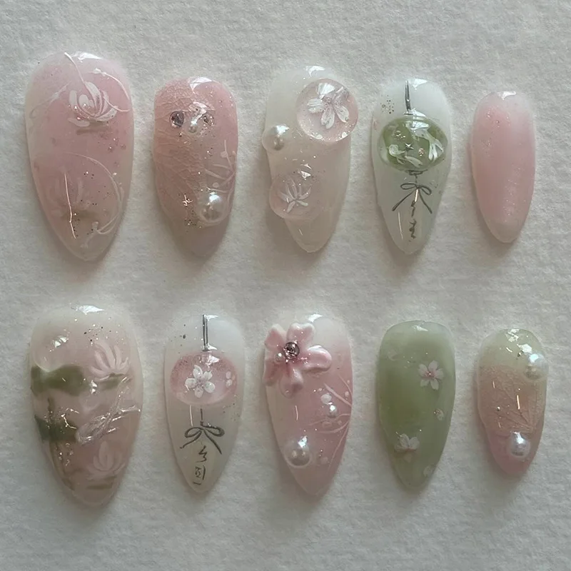 24pcs Fake French Nail Tips Almond Wearable Simple Flower Gold Beads Design Diamond Manicure Set
