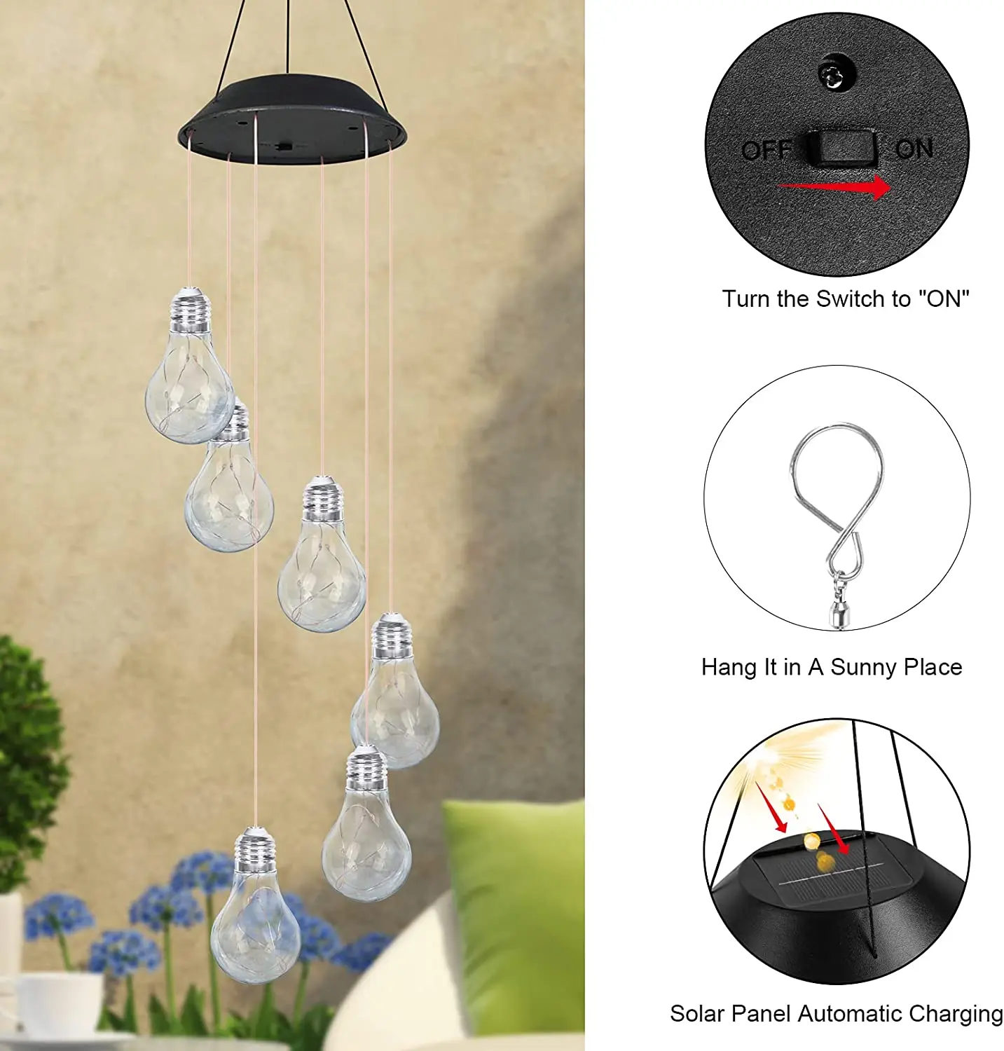 Colorful Light Bulb Solar Wind Chimes Hanging Solar Lights Decorative Outdoor Decor for Balcony Bedroom Yard Festivals Gifts