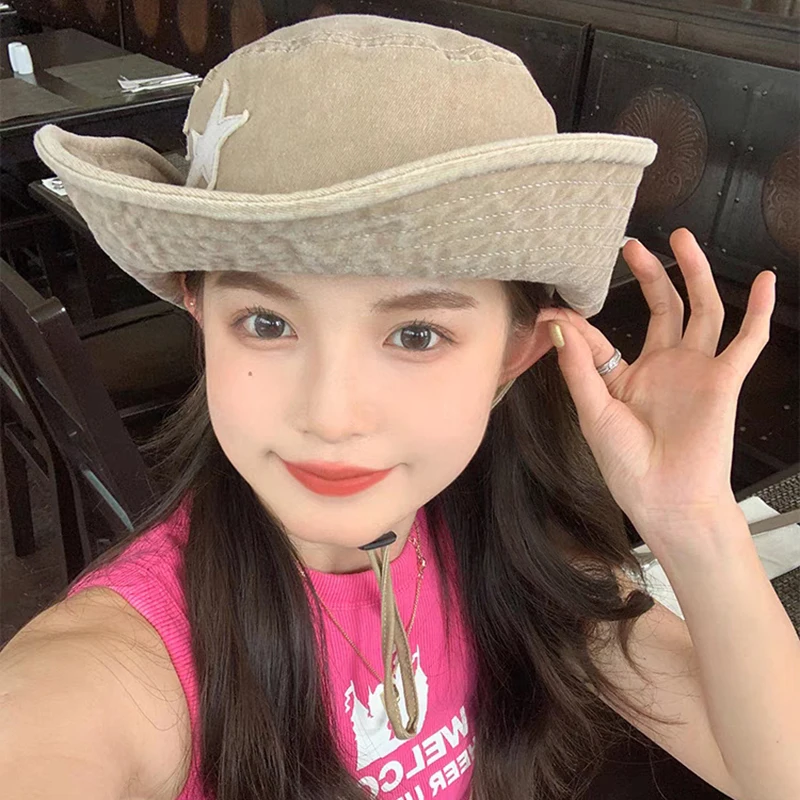 여성용 펑크 핑크 스타 서양 카우보이 모자, 접이식 Y2K 여름 데님, 야외 하이킹 모자, 자외선 차단 모자, 어부 모자