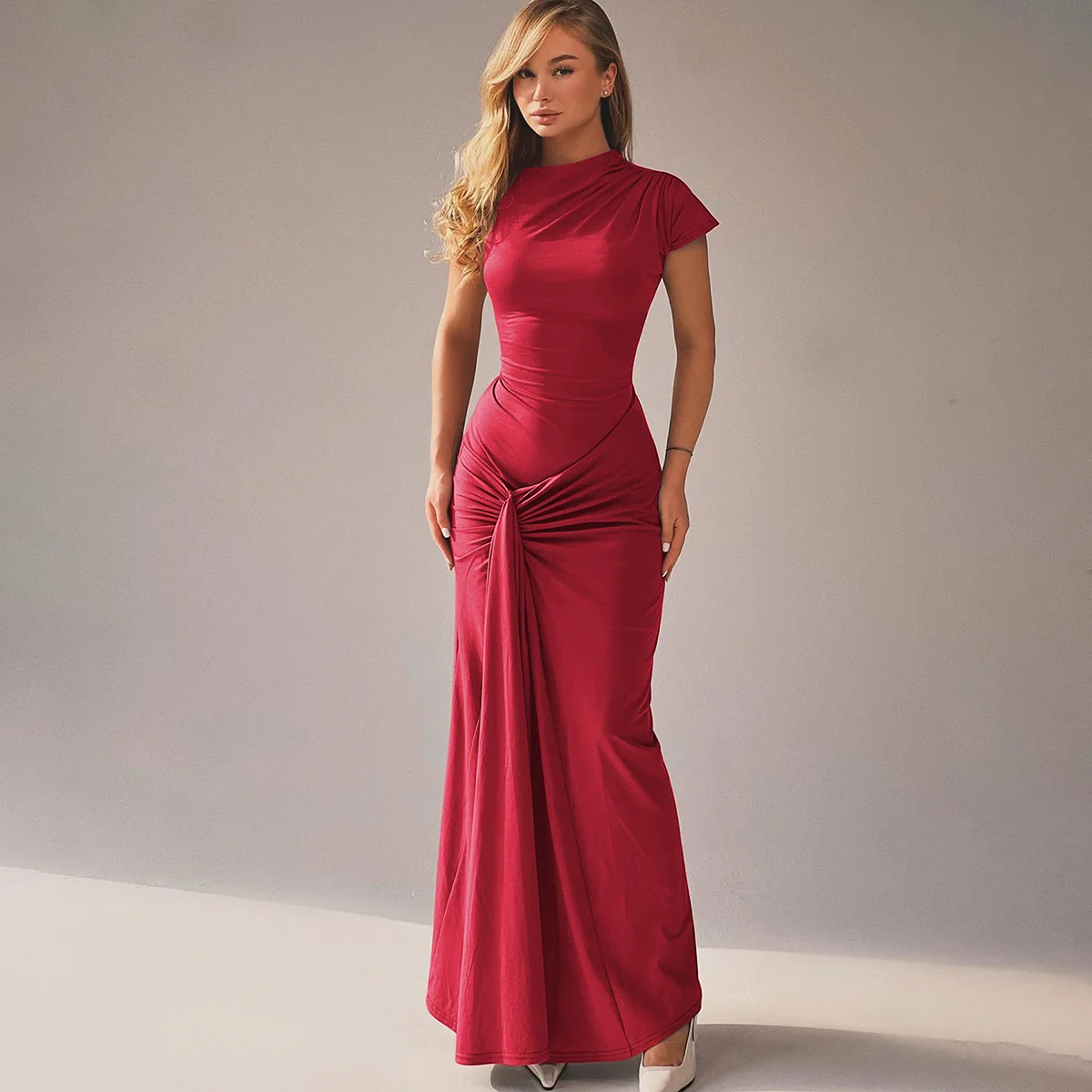 O Neck Short Sleeve Ruched Knotted Women'S Dresses Elegant Evening Prom Ladies Dress Y2K Fashion Casual Fall Clothing
