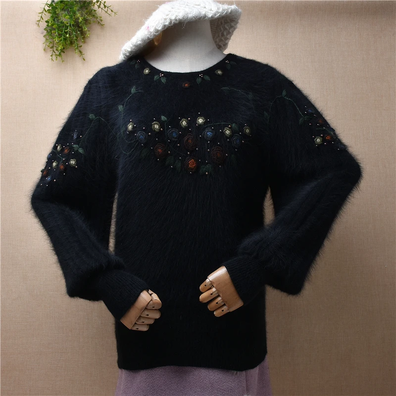 

Female Women Fall Winter Black Vintage Hairy Embroidery Beading Angora Rabbit Hair Knitted O-Neck Long Lantern Sleeves Sweater