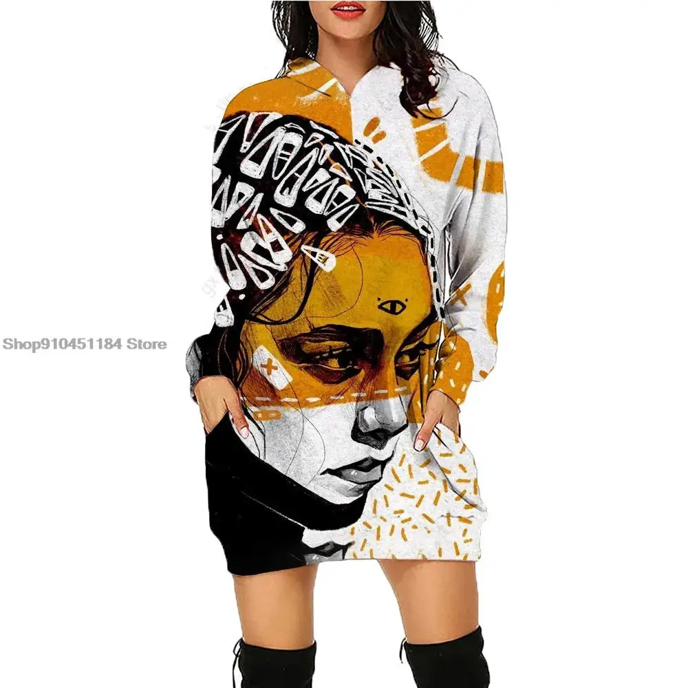

Autumn Winter Hoodie 3D Printed Women's Face Hoodie Dress Daily Workout Long Sleeve Pullover Fashion Casual Sweatshirt dress
