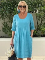 Plus Size 2025 New Large Size Casual Loose Short Sleeve Dress Pure Colour Pocket U Neck Casual Elegant - Image 6