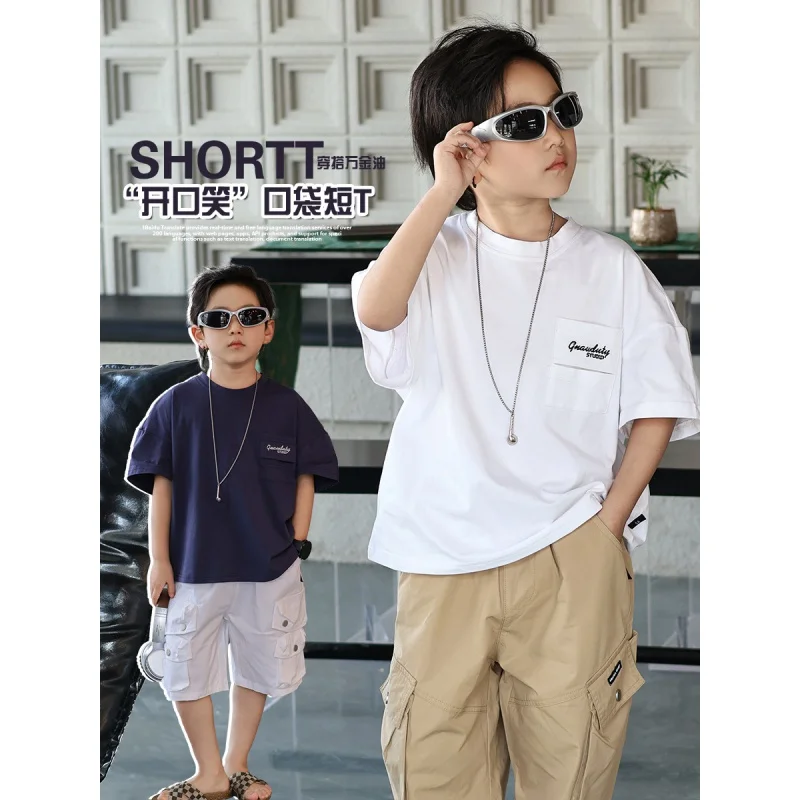 

Children's Clothing Boys' Short SleeveTT-shirt2024New Summer Children's T-shirt Boys' Pocket Embroidered Letter TopAis