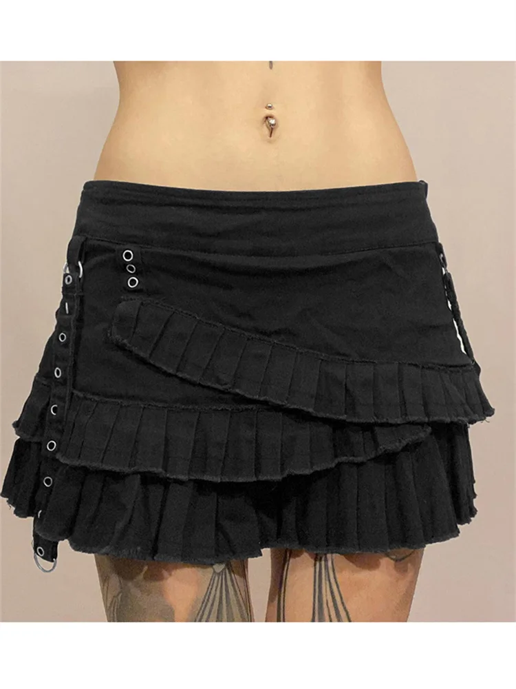 

Dark Gothic Style Black Mini Skirt Women Gyaru Low Waist Irregular Ruffle Patchwork Pleated Denim Skirts Grunge Y2k Streetwear