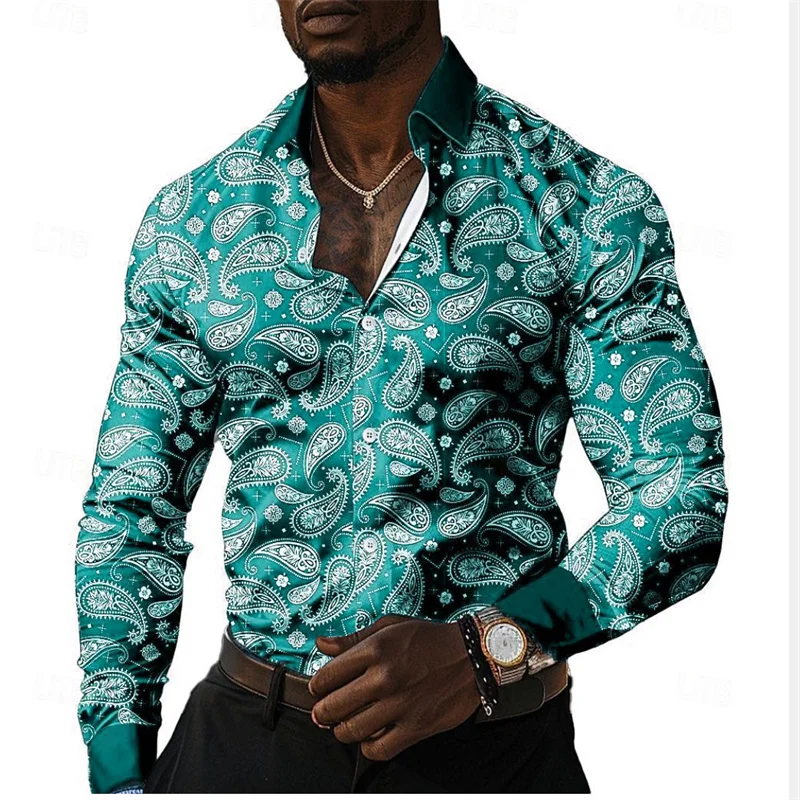 thumbnail image 1 of Camisa de discoteca de moda para hombre, camisa casual con estampado floral retro en 14 colores, camisa de manga larga con solapa y botones, camisa para hombre S-5XL, 1 of 5