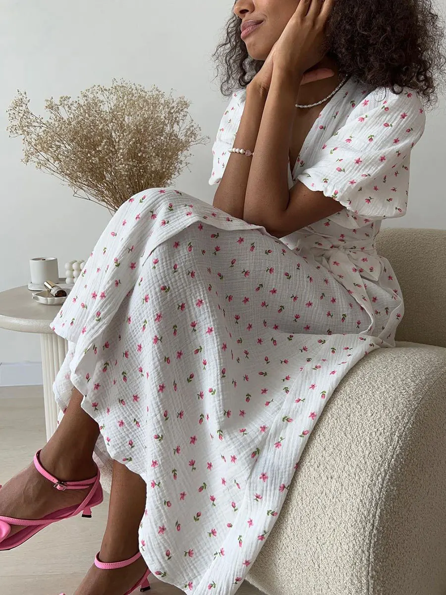 Women's Loose Fit Cotton Blend Maxi Dress with V-Neck & Short Sleeves S2b4d1bea862140408f8f63f5208b3439R
