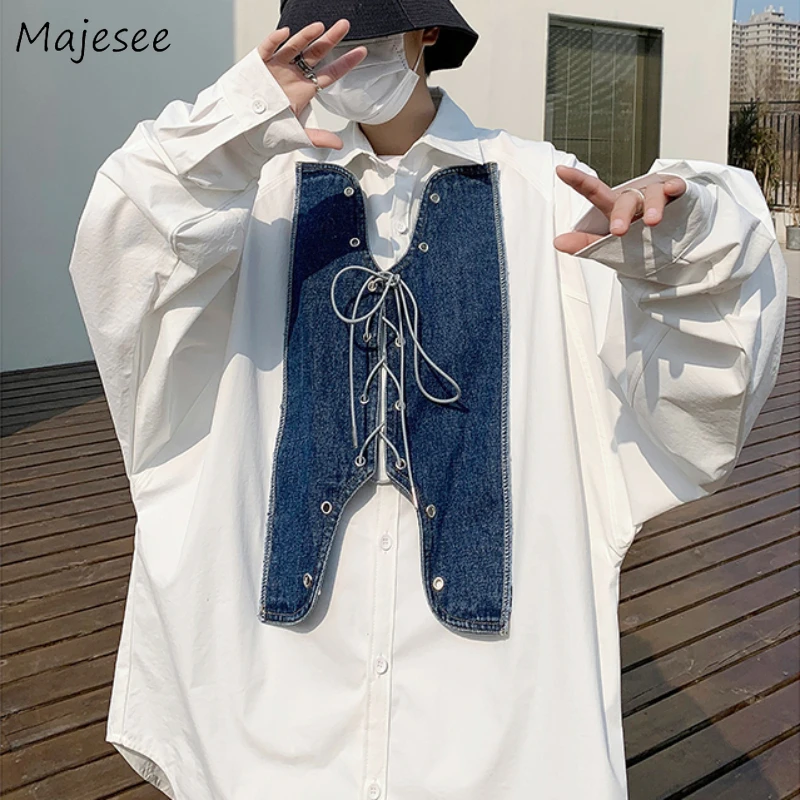 

Shirts Men Spliced High Street Ulzzang Vintage Cargo Shirt All-match Simple Chic Loose Newly Trendy Ins Casual Lace-up Autumn