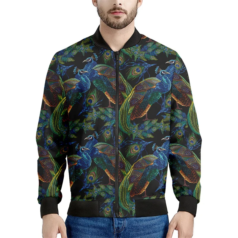 thumbnail image 1 of Chaqueta con cremallera y estampado de plumas de pavo real para hombre, chaqueta con cremallera y estampado floral en 3D, sudadera con capucha para primavera y otoño, 1 of 4